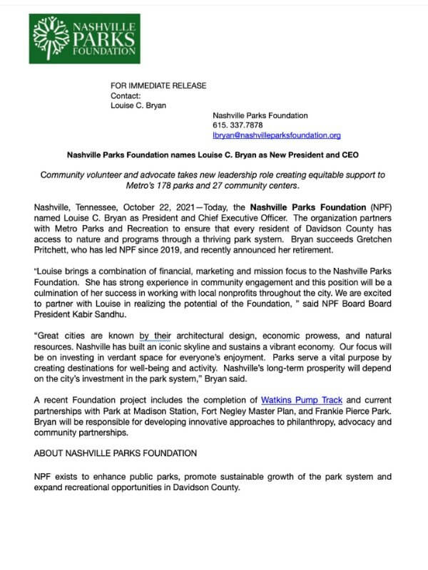 Nashville Parks Foundation Press Release