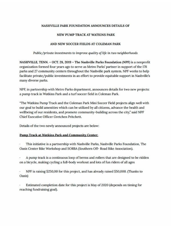 Nashville Parks Foundation Press Release